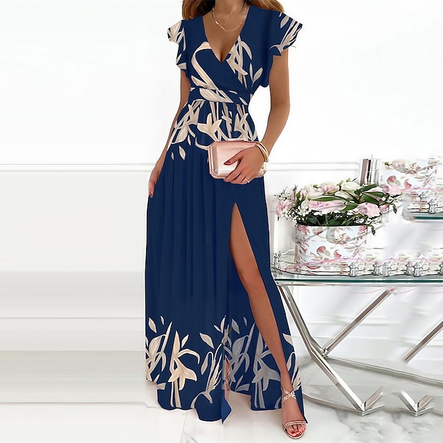  abito da festa delle donne abito da ospite di nozze abito swing abito lungo maxi vestito rosa rosso blu navy manica corta volant di colore puro primavera estate scollo a v festa di sera 2023 s m l xl