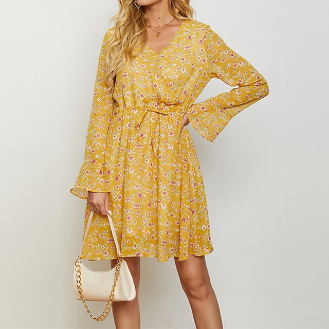 

Women's A Line Dress Knee Length Dress Yellow Long Sleeve Floral Lace up Print Fall Spring V Neck Stylish Elegant Vacation 2022 S M L XL