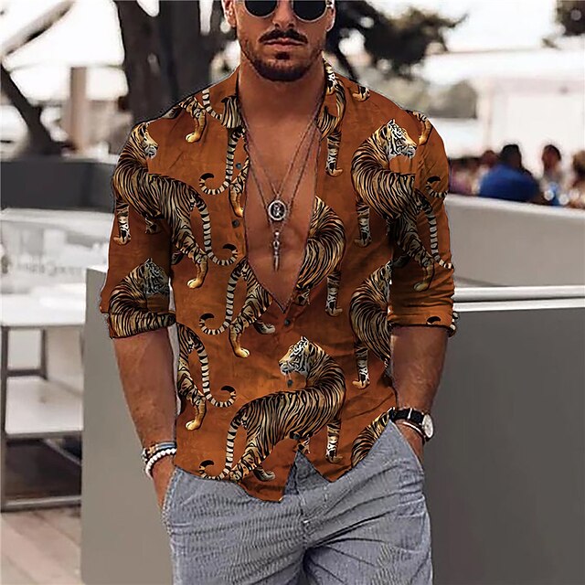 

Men's Shirt 3D Print Tiger Animal Turndown Casual Daily 3D Print Button-Down Long Sleeve Tops Casual Fashion Designer Comfortable Brown