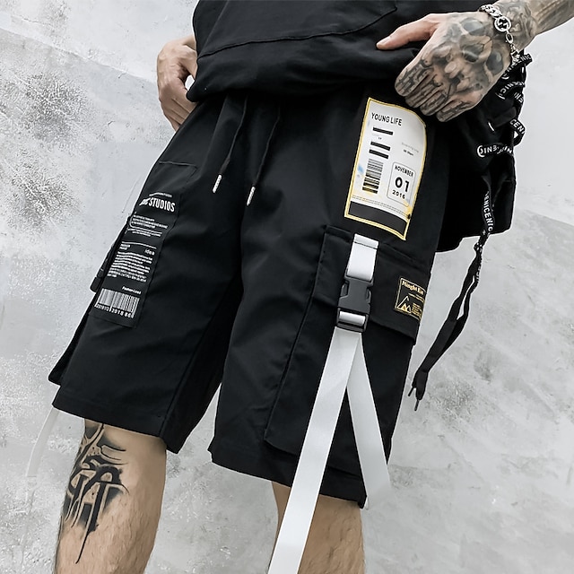 

Men's Streetwear Cargo Shorts With Ribbon Multi Pockets Elastic Waist Drawstring Letter Print Black Shorts Casual Knee Length Half Pants Daily Micro-elastic Color Block Mid Waist M Summer