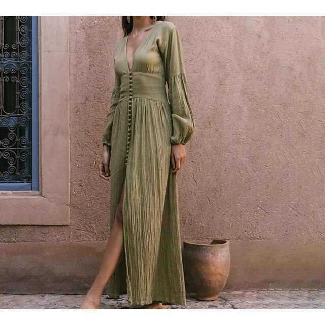 

Women's Swing Dress Maxi long Dress Light Pink Green Beige Long Sleeve Pure Color Split Spring Summer V Neck Deep V Vintage Puff Sleeve Linen S M L
