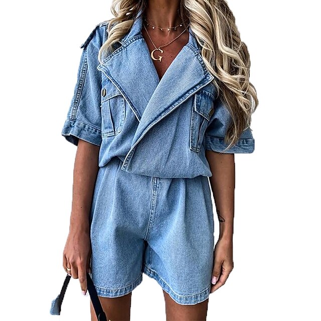 

Women's Romper Pocket Solid Color Shirt Collar Casual Street Casual Regular Fit Short Sleeve Blue S M L Spring