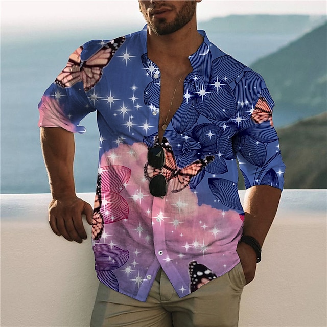 

Men's Shirt 3D Print Butterfly Animal Stand Collar Casual Daily Button-Down Print Long Sleeve Tops Casual Fashion Designer Comfortable Blue