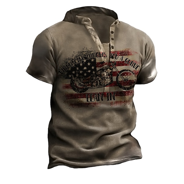 

Men's Henley Shirt Tee T shirt 3D Print Graphic Motorcycle National Flag Henley Casual Daily Button-Down Print Short Sleeve Tops Fashion Vintage Retro Big and Tall Gray