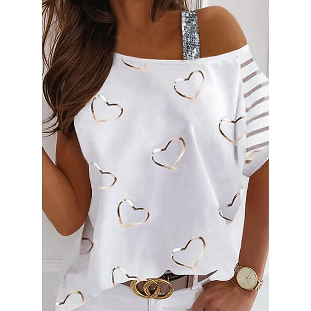 

Women's Painting T shirt Striped Heart Cold Shoulder Print One Shoulder Basic Tops White