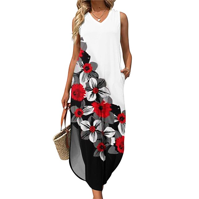 

Women's Shift Dress Maxi long Dress Green White Black Gray Purple Fuchsia Sleeveless Floral Split Print Spring Summer V Neck Elegant Casual Romantic 2022 S M L XL XXL