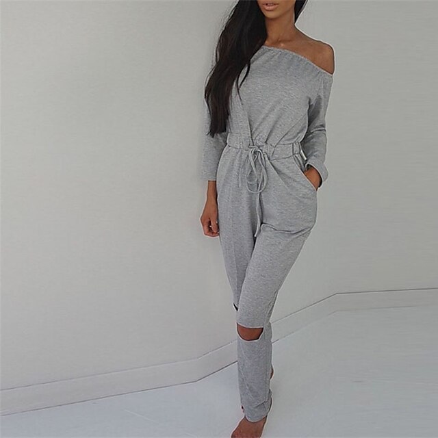 

Women's Jumpsuit Drawstring Pocket Solid Color Off Shoulder Casual Street Daily Regular Fit Long Sleeve Green Black Gray S M L Spring