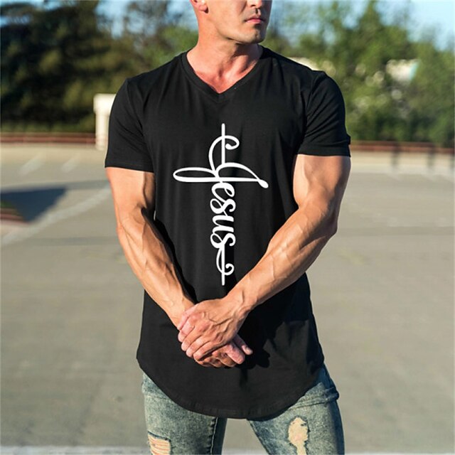 

Men's T shirt Hot Stamping Graphic Cross V Neck Casual Daily Print Short Sleeve Tops Lightweight Fashion Big and Tall Sports Black