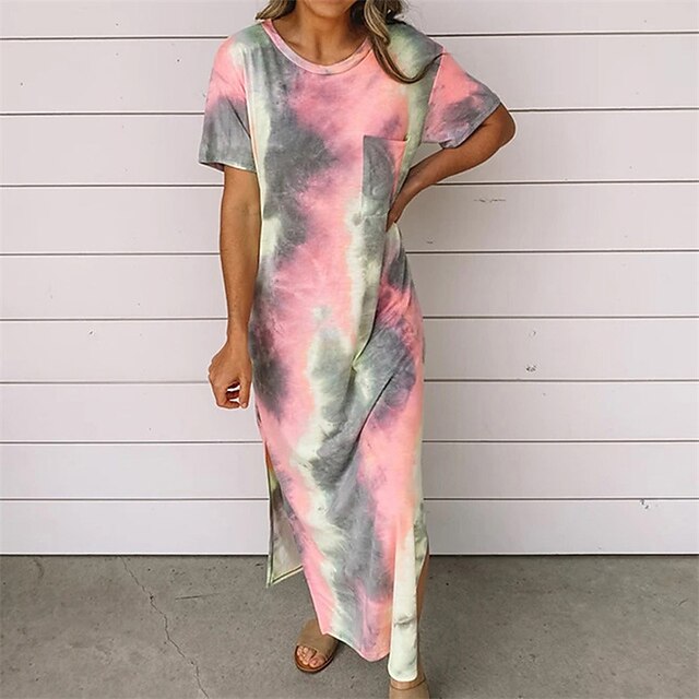 

Women's Shift Dress Maxi long Dress Blue Gray Short Sleeve Tie Dye Split Print Spring Summer Round Neck Casual 2022 S M L XL XXL