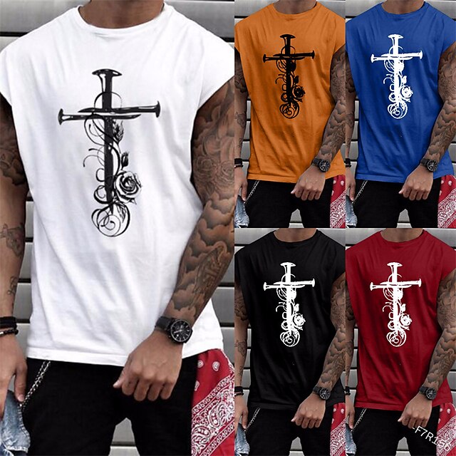 

Men's T shirt Graphic Cross Crew Neck Street Casual Print Cap Sleeve Tops Casual Fashion Classic Comfortable Wine Blue White