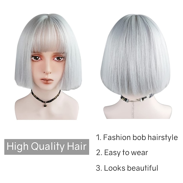 Beauty & Hair Wigs & Hair Pieces | Gray Wigs Short Bob Gray Wigs with Bangs 10 inch Straight Synthetic Brazlian Straight Hair He