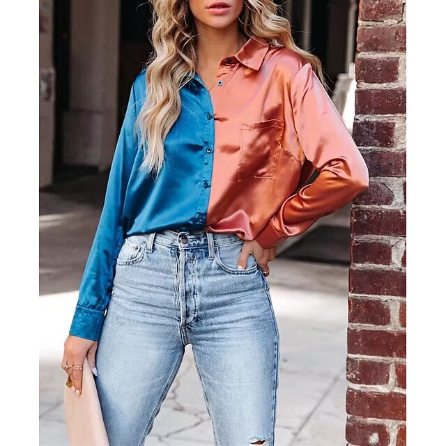 

Women's Blouse Shirt Color Block Pocket Button Shirt Collar Casual Streetwear Tops Blue Fuchsia