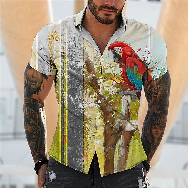 

Men's Shirt Parrot Animal Turndown Street Casual Button-Down Print Short Sleeve Tops Casual Fashion Designer Breathable Green