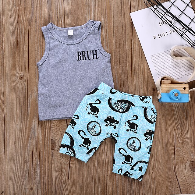 

Toddler Boys Tank Shorts Clothing Set 2 Pieces Sleeveless Gray Letter Print Indoor Outdoor Comfort Daily