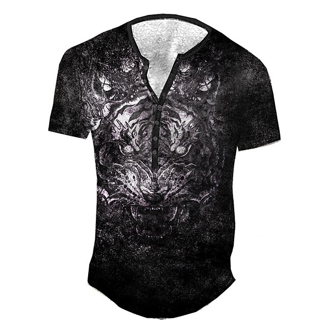 

Men's Henley Shirt Tee T shirt 3D Print Graphic Tiger Plus Size Henley Daily Sports Button-Down Print Short Sleeve Tops Basic Casual Classic Designer Black