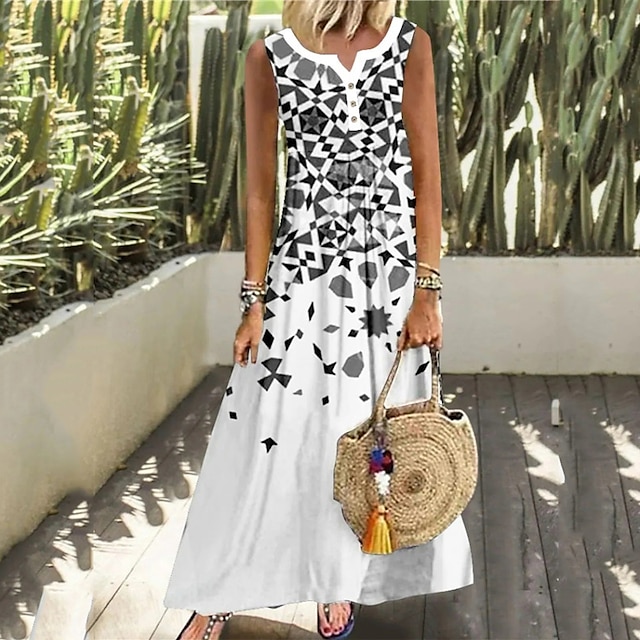 

Women's Shift Dress Maxi long Dress White Black Sleeveless Color Gradient Geometric Print Spring Summer Round Neck Vacation 2022 S M L XL XXL