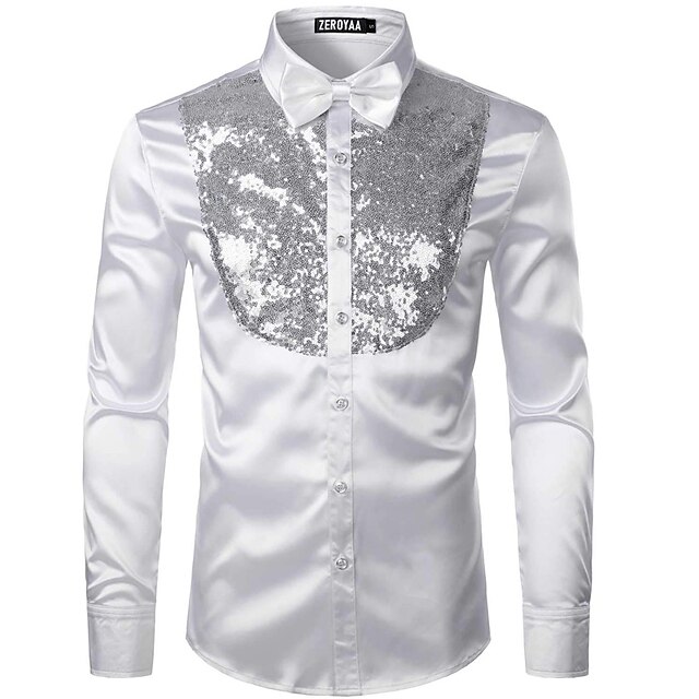 Mens Clothing Mens Shirts | Mens Tuxedo Shirts Solid Color Turndown Party Street Sequins Button-Down Long Sleeve Tops Fashion Br