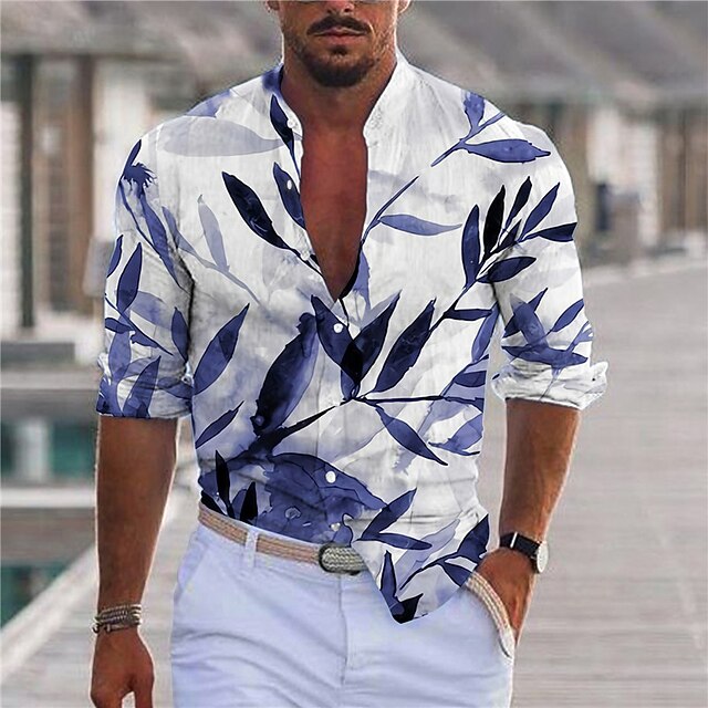 

Men's Shirt 3D Print Leaves Stand Collar Casual Daily Button-Down Print Long Sleeve Tops Casual Fashion Designer Comfortable Blue