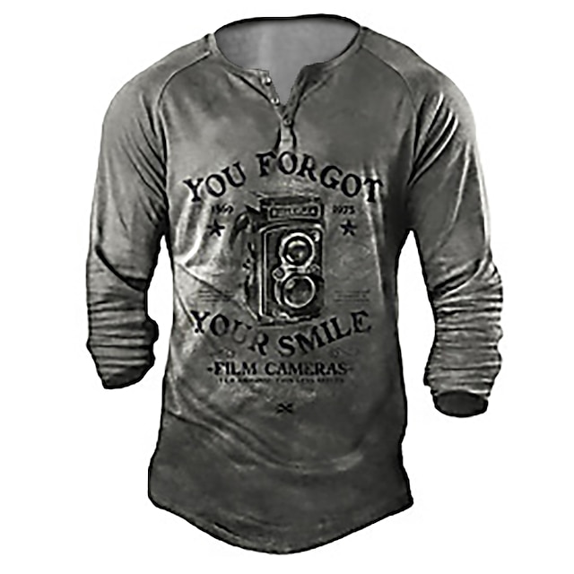 

Men's Henley Shirt Tee T shirt 3D Print Graphic Audio Letter Plus Size Henley Casual Daily Button-Down Print Long Sleeve Tops Casual Retro Designer Military Gray
