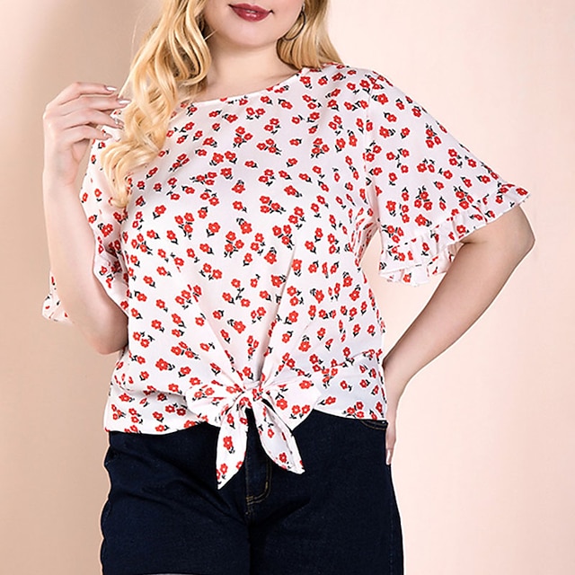

Women's Plus Size Tops Blouse Shirt Floral Ruffle Bow Short Sleeve Crewneck Streetwear Daily Going out Polyester Spring Summer Pink