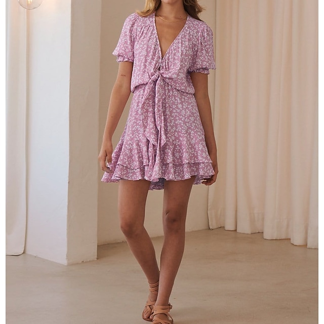 

Women's A Line Dress Short Mini Dress Purple Short Sleeve Floral Print Spring Summer Deep V Casual Linen S M L XL