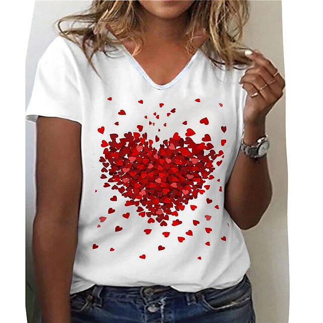 

Women's Plus Size Tops Blouse T shirt Heart Print Short Sleeve Crewneck Streetwear Valentine's Day Daily Going out Cotton Spandex Jersey Spring Summer White