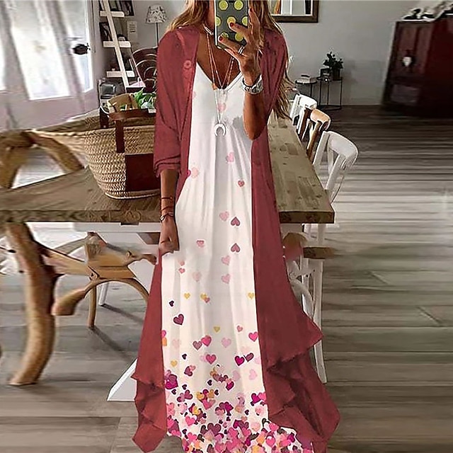 

Women's A Line Dress Maxi long Dress Pink Long Sleeve Heart Print Spring Summer Round Neck Stylish Casual Modern 2022 S M L XL XXL 3XL