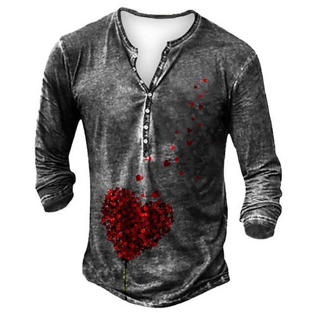 

Men's Henley Shirt Tee T shirt 3D Print Graphic Heart Plus Size Henley Casual Daily Button-Down Print Long Sleeve Tops Casual Retro Designer Military Dark Gray