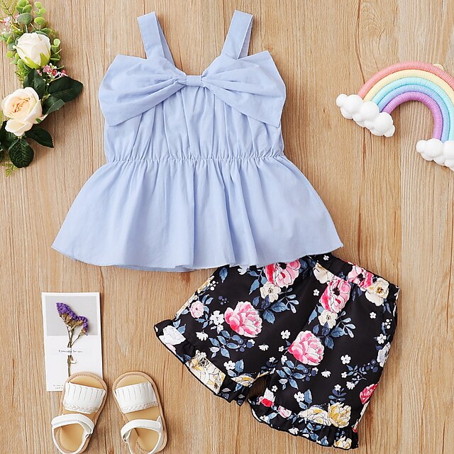 

Kids Girls' Tank Shorts Clothing Set 2 Pieces Sleeveless Blue Floral Ruched Bow Print Indoor Outdoor Cute Sweet Regular 2-6 Years