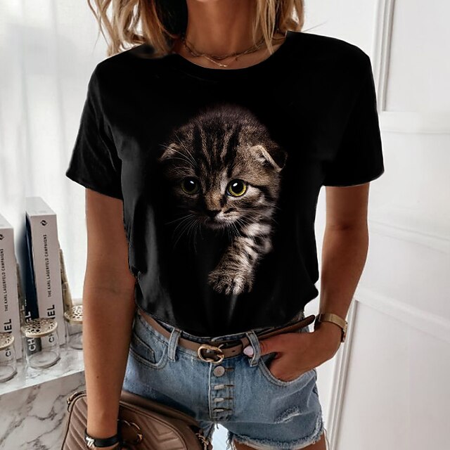 

Women's 3D Cat Painting T shirt Cat 3D Print Round Neck Basic Tops Black