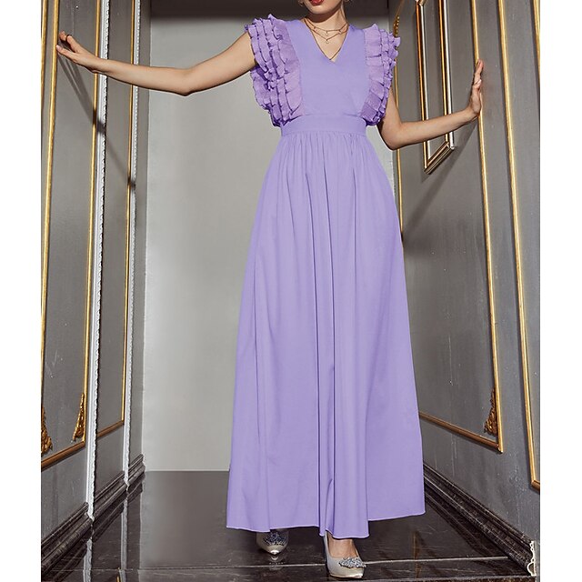 

Women's A Line Dress Maxi long Dress Purple Sleeveless Pure Color Chiffon Spring Summer V Neck Party Elegant Luxurious Elegant Mesh S M L XL