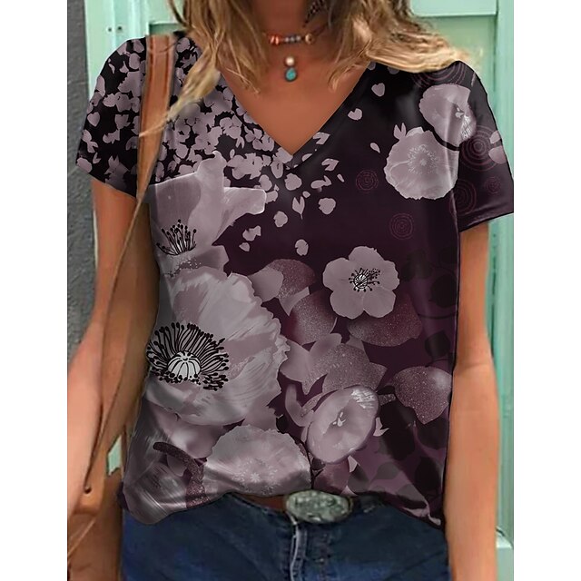 

Women's Floral Theme Painting T shirt Floral Print V Neck Basic Tops Green Pink Brown / 3D Print