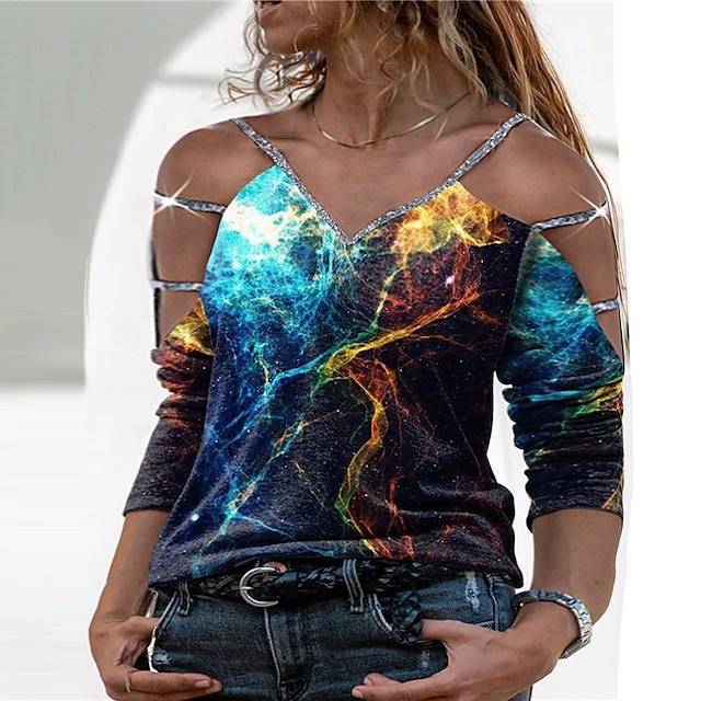 

Women's Plus Size Tops Blouse Shirt Color Gradient Cut Out Print Long Sleeve V Neck Streetwear Daily Going out Polyester Spring Summer Blue Yellow