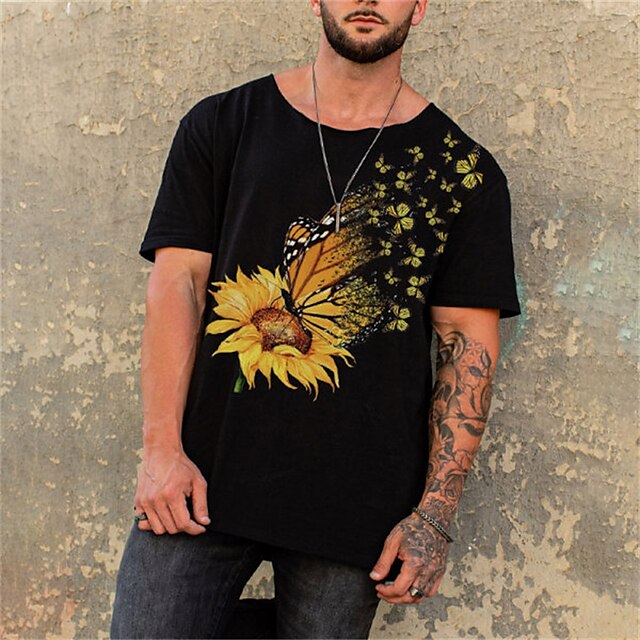 

Men's T shirt Hot Stamping Graphic Sunflower Crew Neck Casual Daily Print Short Sleeve Tops Lightweight Fashion Big and Tall Sports Black