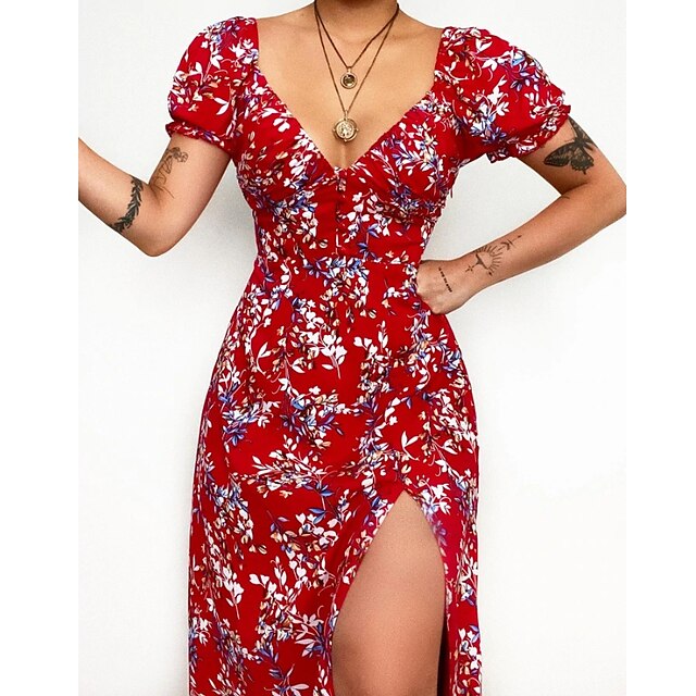 

Women's Swing Dress Midi Dress Red Short Sleeve Floral Print Spring Summer V Neck Stylish Casual 2022 XS S M L