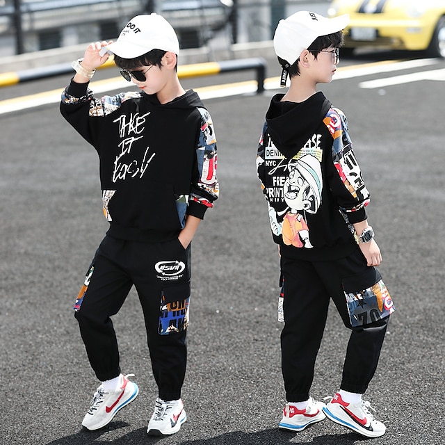  2 Pieces Kids Boys Hoodie  Pants Tracksuits Long Sleeve White Black Dusty Blue Letter Print Outdoor Cool Street Style Set