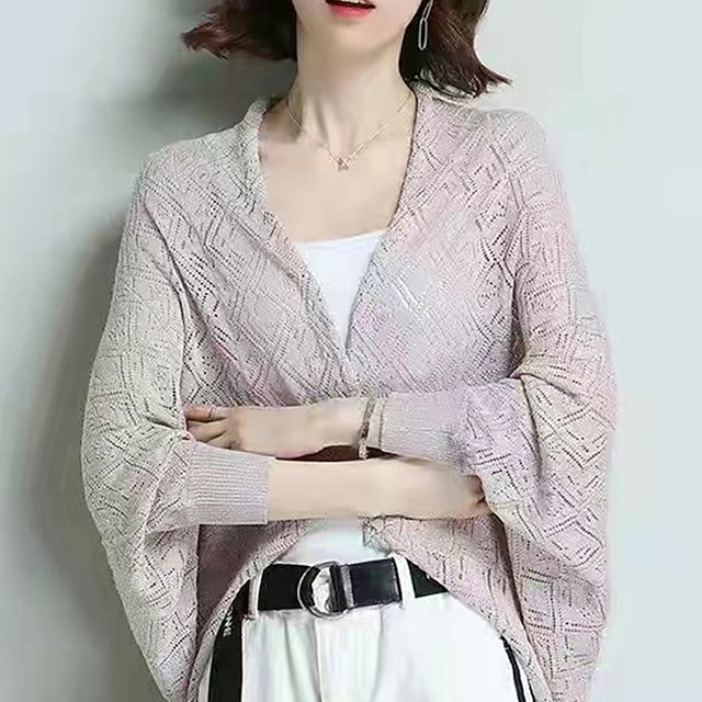 

Women's Shrug Hollow Out Knitted Pure Color Stylish Elegant Casual Long Sleeve Sweater Cardigans V Neck Spring Summer Black Gray Purple