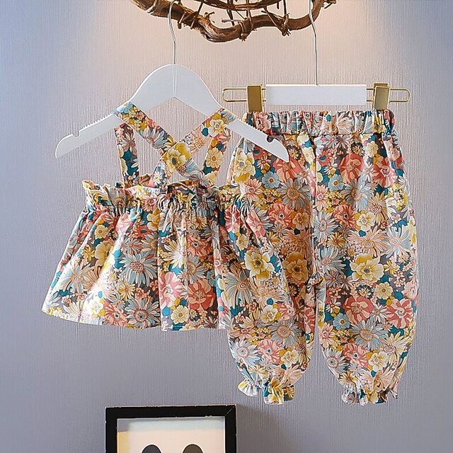 

Toddler Girls' Children's Day Clothing Set 2 Pieces Sleeveless Gold Floral Backless Active Comfort Short Asymmetrical 1-5 Years
