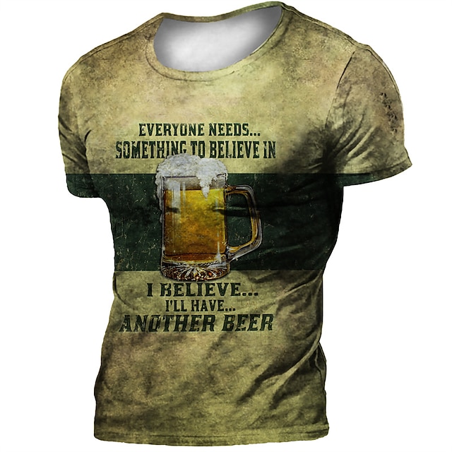 

Men's T shirt 3D Print Graphic Beer Crew Neck Casual Daily Print Short Sleeve Tops Fashion Vintage Designer Big and Tall Green Khaki