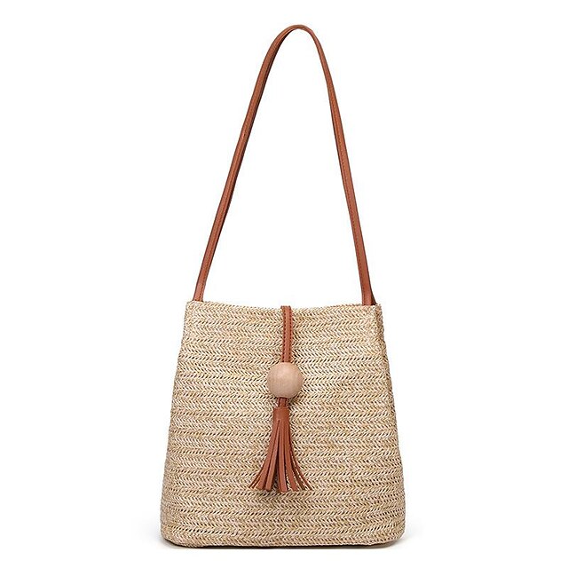  Women's Straw Bag Beach Bag Sling Bags Straw Shoulder Bag Beading Zipper Holiday Date Going out Tassel Vintage Pink Brown