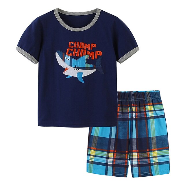 

Kids Boys T-shirt Shorts Clothing Set 2 Pieces Short Sleeve Navy Blue Plaid Shark Letter Print Indoor Outdoor Casual Daily Regular 2-8 Years