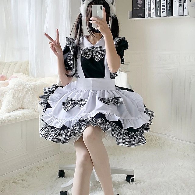  Λολίτα Γλυκιά Λολίτα Μεγάλο Μέγεθος Casual Lolita Φορέματα Κοστούμια καμαριέρας Γυναικεία Ιαπωνικά Στολές μεταμφίεσης Μαύρο Συμπαγές Χρώμα Κοντομάνικο / Φόρεμα / Ποδιά / Φόρεμα / Ποδιά