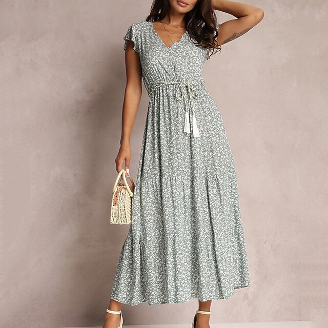 

Women's A Line Dress Maxi long Dress Green Red Short Sleeve Floral Print Spring Summer V Neck Stylish Casual Vacation 2022 S M L XL