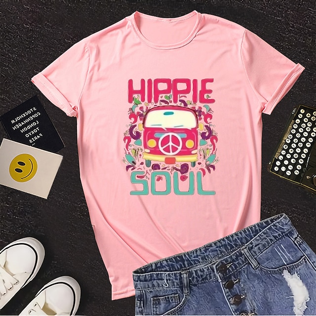 

Women's Painting T shirt Graphic Text Print Round Neck Basic Tops Green Blue White