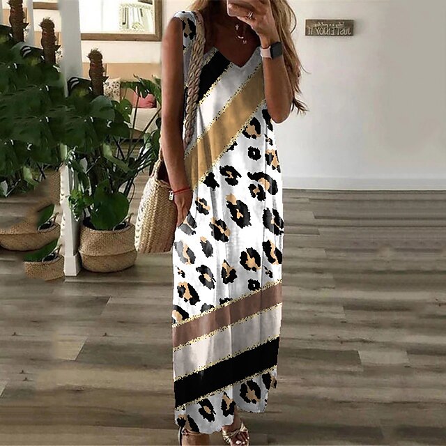 

Women's Shift Dress Maxi long Dress Green Gray Pink Orange Brown Yellow Sleeveless Print Color Gradient Leopard Pocket Print Spring Summer V Neck Stylish Casual Modern 2022 S M L XL XXL 3XL