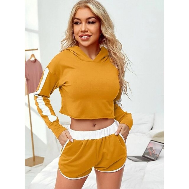 

Women's Basic Color Block Sport Casual Two Piece Set Crop Top Sweatshirt Tracksuit Shorts Tops