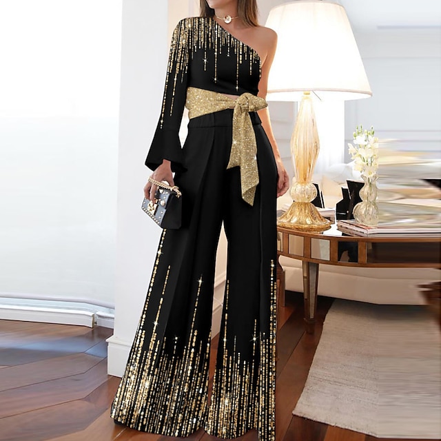 

Women's Jumpsuit Lace up Sequin Print One Shoulder Elegant Party Cocktail Party Regular Fit Long Sleeve White Black S M L Spring