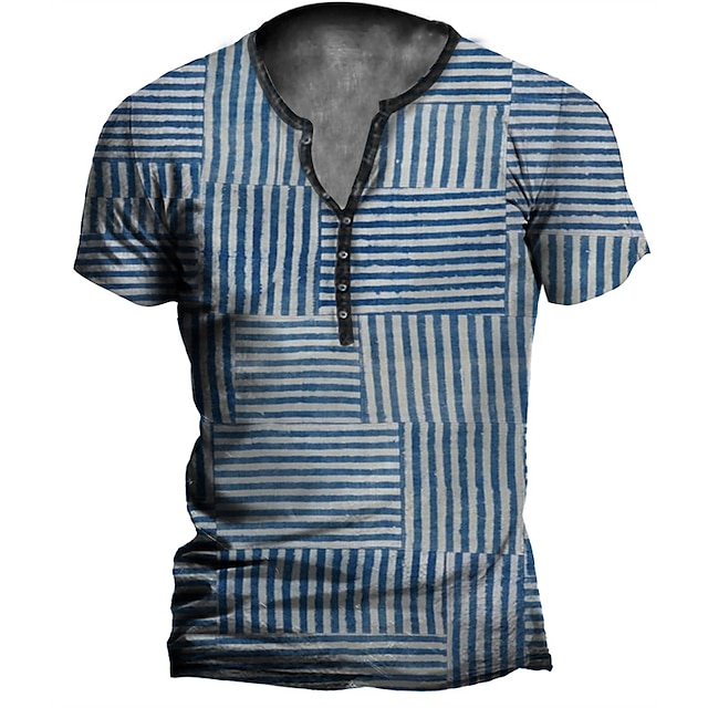 

Men's Henley Shirt T shirt 3D Print Striped Graphic Henley Casual Daily Button-Down Print Short Sleeve Tops Casual Vintage Classic Designer Blue