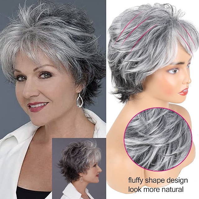 Gray Wigs Short Grey Wigs for White Women Pixie Cut Wig with Bangs Gray
