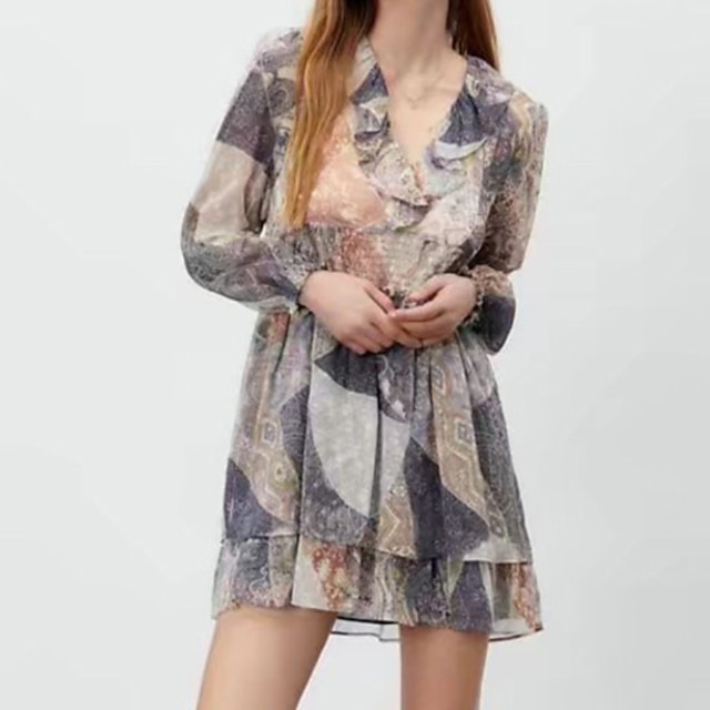 

Women's A Line Dress Short Mini Dress Gray Long Sleeve Color Gradient Ruched Patchwork Spring Summer Shirt Collar Casual 2022 XS S M L